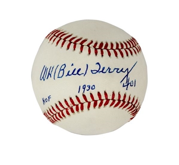 Bill Terry Single-Signed Official National League Baseball W/ "1930 & .401" Inscriptions